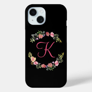 Monogram Pink, Yellow and Green Floral Watercolor  iPhone 15 Case