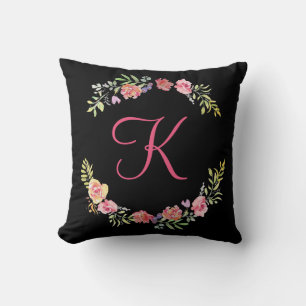 Monogram Pink, Yellow and Green Floral Watercolor Cushion