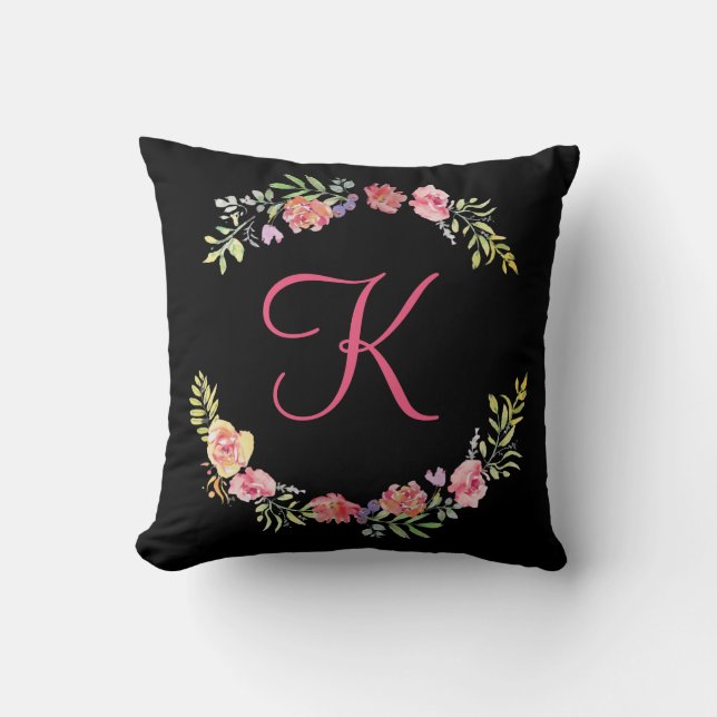 Monogram Pink, Yellow and Green Floral Watercolor Cushion (Front)