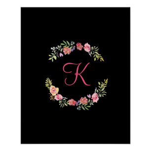Monogram Pink, Yellow and Green Floral Watercolor Poster