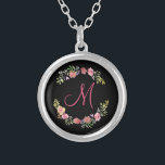 Monogram Pink, Yellow and Green Floral Watercolor Silver Plated Necklace<br><div class="desc">This beautiful floral wreath with pinks,  yellows and greens on a black background will make a great gift for that special some one or for yourself. Monogram it with an initial and if you would like to change the background colour,  click to customise it further.</div>