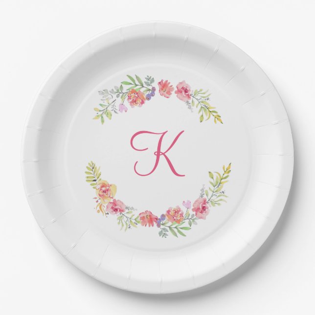 Monogram Pink Yellow Green Floral Watercolor  Paper Plate (Front)
