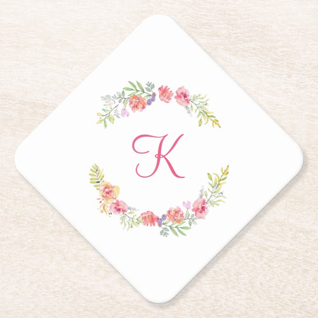 Monogram Pink, Yellow Green Floral Wedding Paper Coaster (Front)