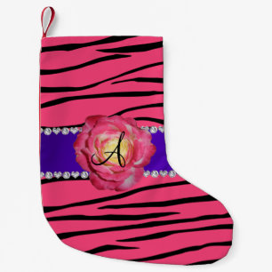 Monogram pink zebra stripes pink rose small christmas stocking