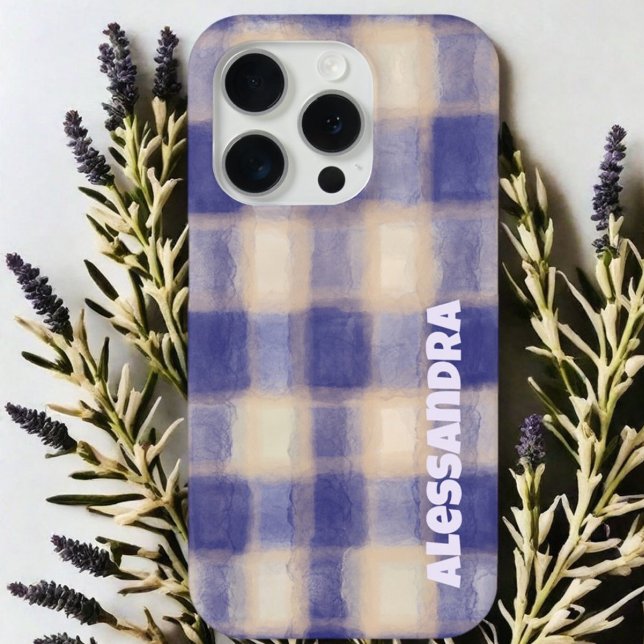 Monogram plaid gingham navy blue beige farmhouse  Case-Mate iPhone case (Creator Uploaded)