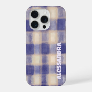 Monogram plaid gingham navy blue beige farmhouse iPhone 15 pro case