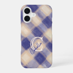 Monogram plaid gingham navy blue cream handwritten iPhone 16 case