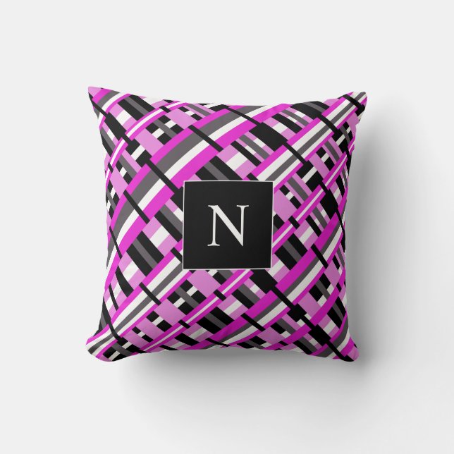 Monogram Plaid in Pink, Black & Grey Diagonal Cushion (Front)
