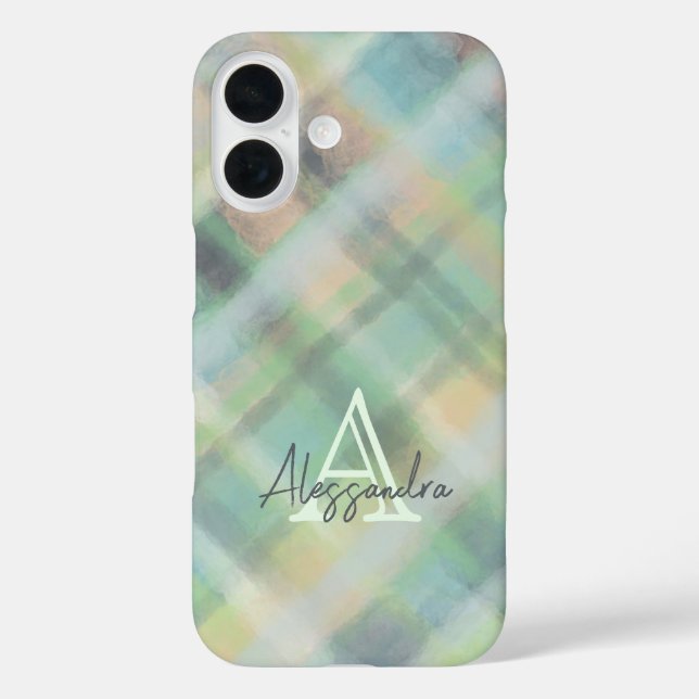 Monogram plaid pastel green grey yellow teal  Case-Mate iPhone case (Back)