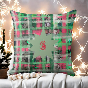 Monogram plaid red green grey white festive star cushion