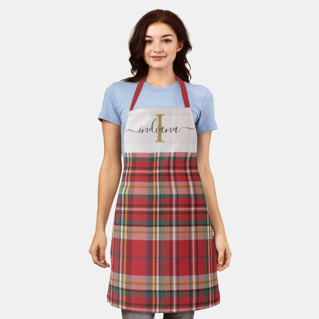 Monogram Plaid Red Green Script Rustic Apron (Worn)