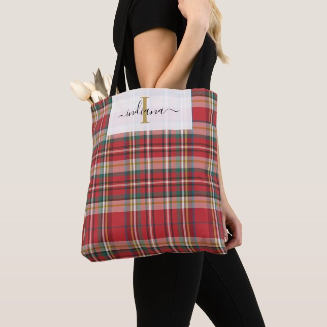 Monogram Plaid Red Green Script Rustic Tote Bag (Close Up)