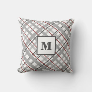 Monogram Plaid Red Grey Silver Cushion