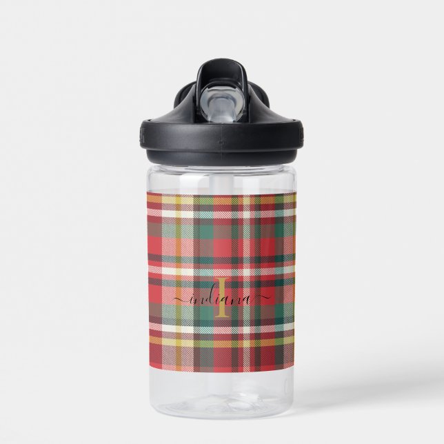 Monogram Plaid Script Name Initial Red Water Bottle (Front)