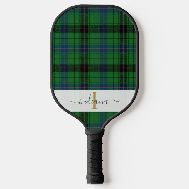 Monogram Plaid Script Name Rustic Tartan Pickleball Paddle (Front)