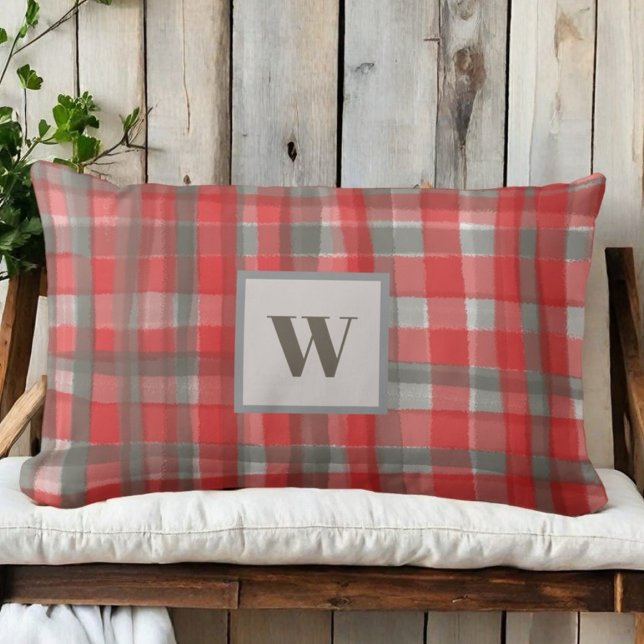 Monogram plaid tartan check red grey watercolor  lumbar cushion (Creator Uploaded)