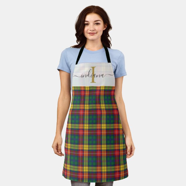Monogram Plaid Tartan Green Red Christmas Holidays Apron (Worn)