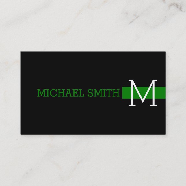 Monogram Plain Black Modern Green Business Card (Front)