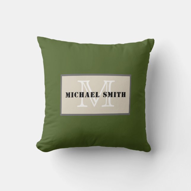 Monogram Plain Dark Moss Green Background Cushion (Front)