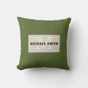 Monogram Plain Dark Olive Green Background Cushion