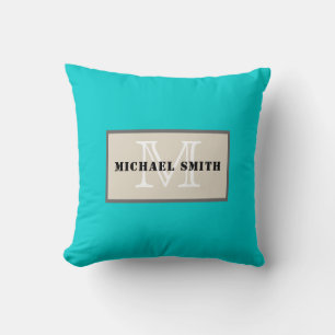 Monogram Plain Dark Turquoise Background Cushion