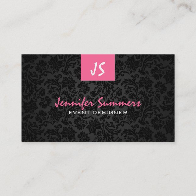 Monogram Plain White & Black Floral Damasks Business Card (Front)