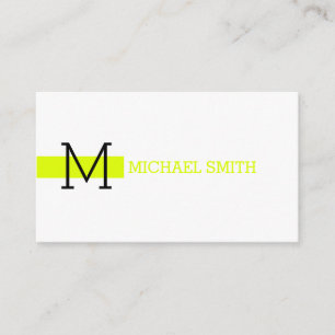 Monogram Plain White Elegant Modern Chartreuse Business Card