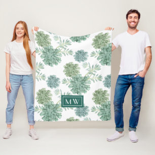Monogram Plant Happiness Succulent Pattern Fleece Blanket