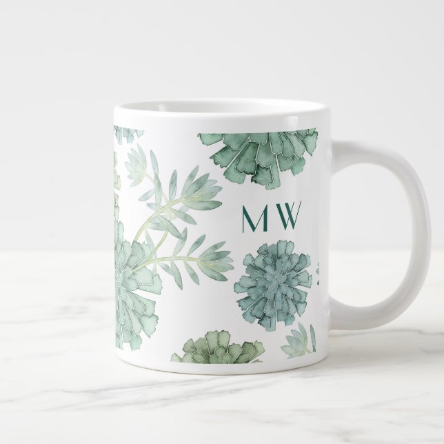 Monogram | Plant Happiness | Succulent Pattern Large Coffee Mug (Right)