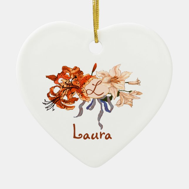 Monogram Pledge of Love Tiger Lily Bouquet Ceramic Tree Decoration (Front)