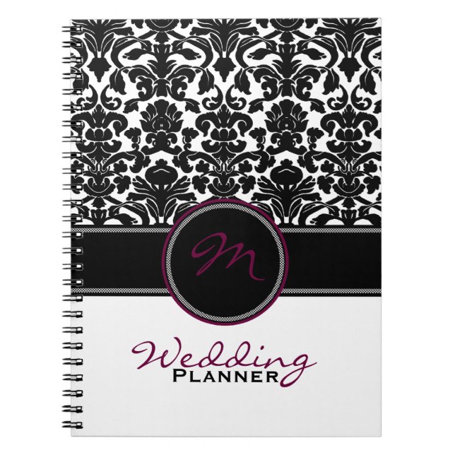 Monogram Plum Black White Damask Wedding Planner Notebook (Front)