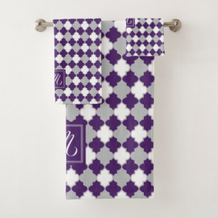 Monogram Plum Purple, Grey and White Quatrefoil Bath Towel Set