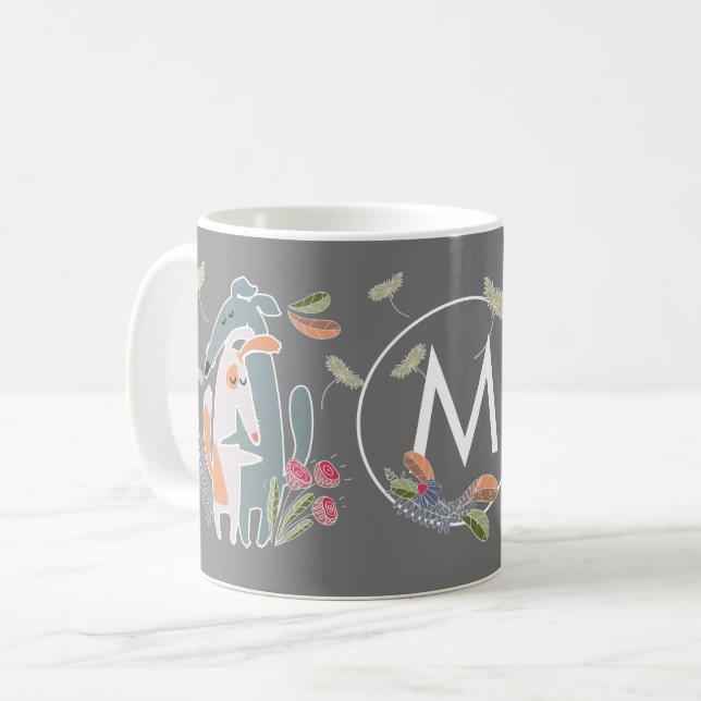 Monogram Podenco Dog and Galgo Cartoon Grey Coffee Mug (Front Left)
