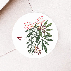 Monogram Poinsettia Christmas Holiday Watercolor Classic Round Sticker