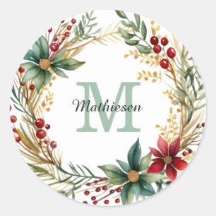Monogram Poinsettia Wreath Holiday Correspondence Classic Round Sticker