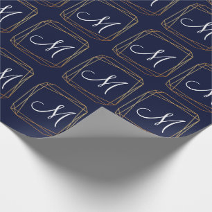 Monogram Polygonal Navy Gold Geometry Diamond Lux Wrapping Paper