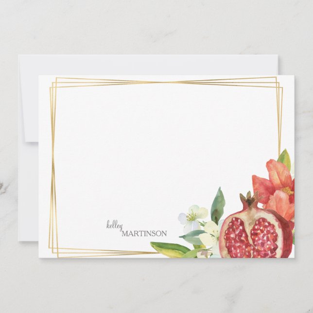 Monogram Pomegranate Foliage Note Thank You Card (Front)