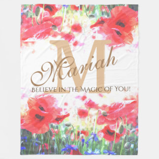Monogram Poppy Field Watercolor Flowers Blanket