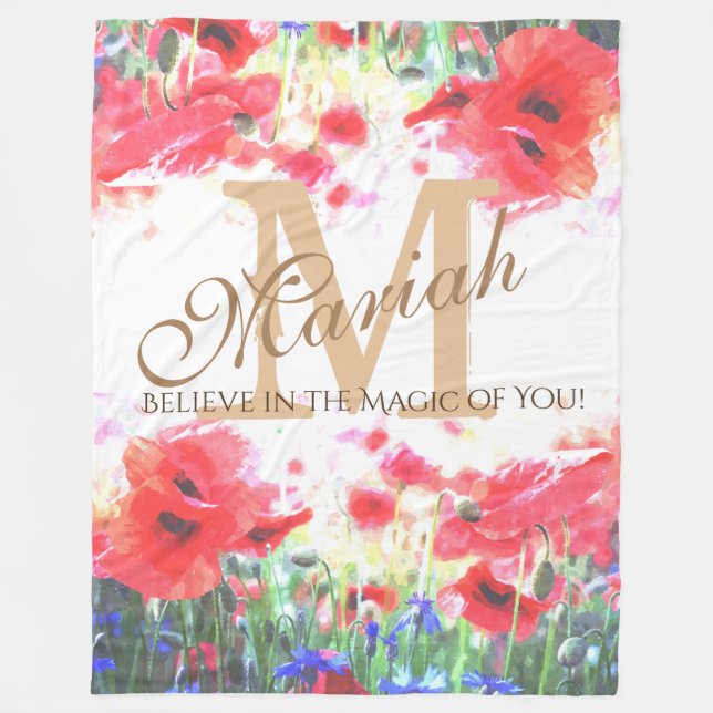 Monogram Poppy Field Watercolor Flowers Blanket (Front)