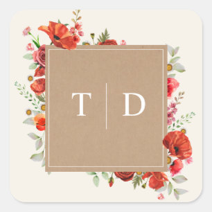 Monogram Poppy Wildflower Cardstock Wedding  Squar Square Sticker