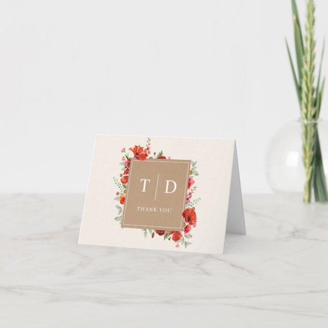 Monogram Poppy Wildflower Cardstock Wedding Thank  Thank You Card (Front)