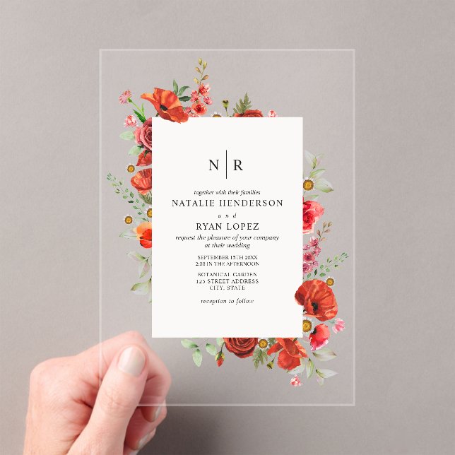 Monogram Poppy Wildflower Floral Wedding Acrylic Invitations (Insitu (Handheld))