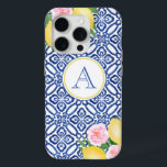 Monogram Positano Lemons Blue White Italian Tiles iPhone 15 Pro Case<br><div class="desc">Handpainted lemons accented with pink watercolor flowers against a vintage blue and white tile pattern background.</div>