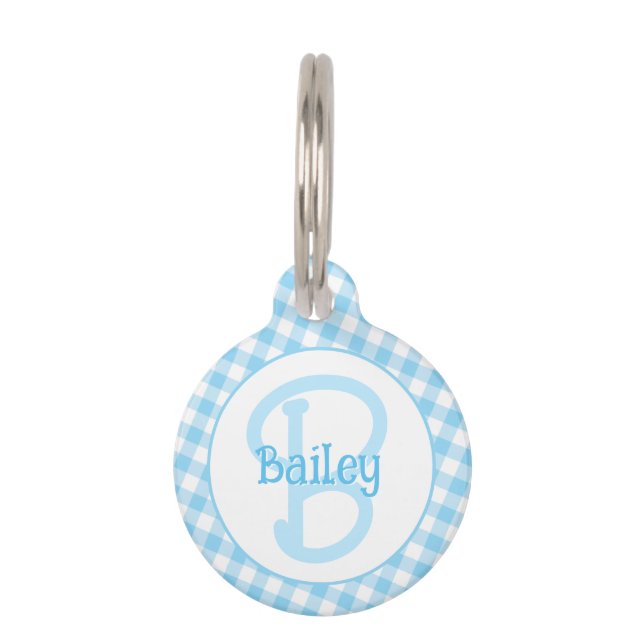 Monogram Preppy Blue Gingham Pet Tag (Front)