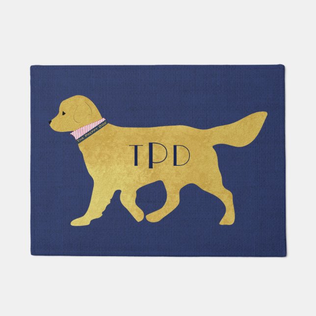 Monogram Preppy Golden Retriever Navy Jute Doormat (Front)