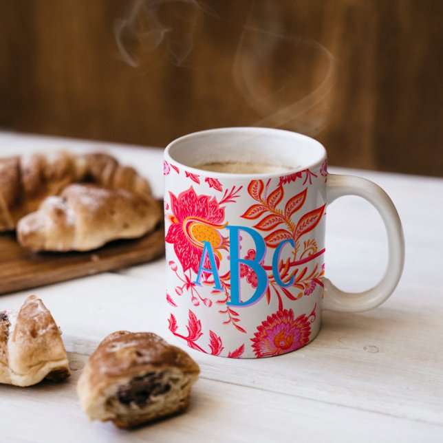 Monogram Preppy Vintage Flowers | Pink & Orange Mug (Creator Uploaded)