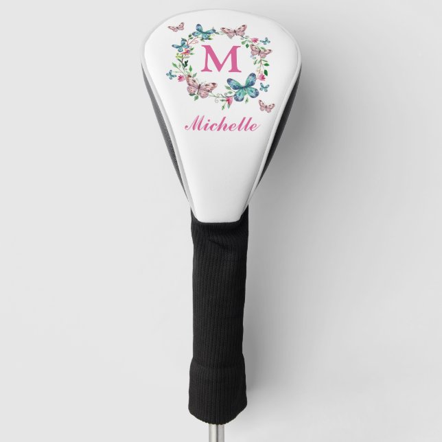 Monogram Pretty Floral Wreath Butterflies Golf Head Cover (Front)
