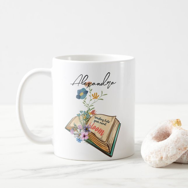 Monogram Pretty graphic drawing flowers with book Coffee Mug (With Donut)