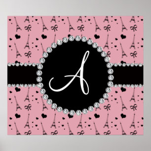 Monogram pretty pink eiffel tower pattern poster