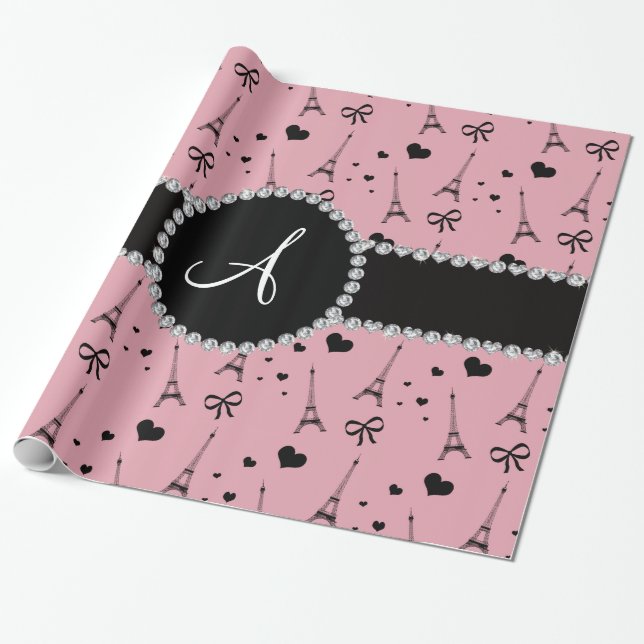 Monogram pretty pink eiffel tower pattern wrapping paper (Unrolled)
